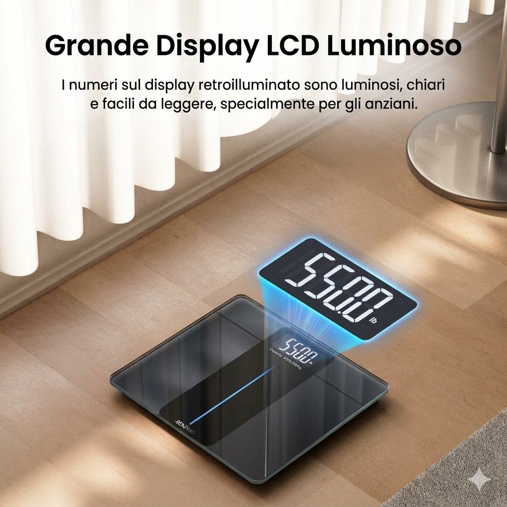 Bilancia digitale con ampio display LCD. Design nero. Visualizzazione di 5500. Appoggiata sul pavimento.