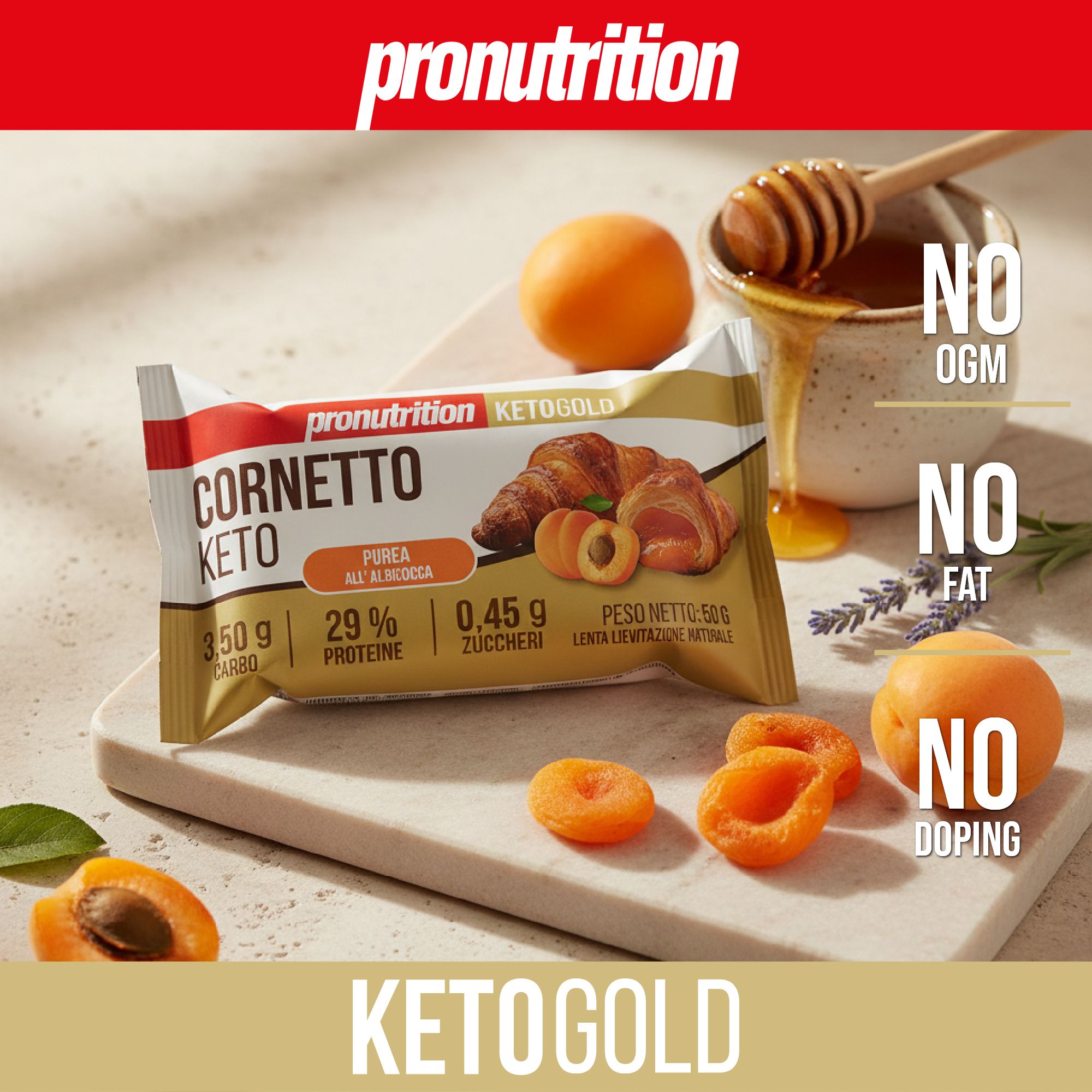 Barretta Cornetto Keto, albicocche, miele. Testo "NO OGM", "NO FAT", "NO DOPING".