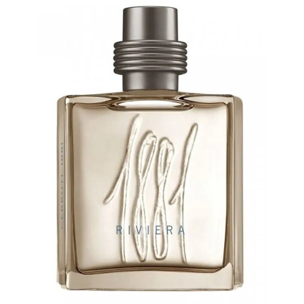 Cerruti 1881 Riviera Eau de Toilette Spray. Flacone quadrato in vetro con vaporizzatore. Scritta 1881 Riviera. Liquido marrone chiaro.