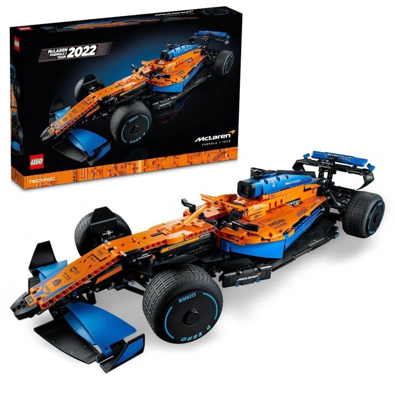 Set di auto di Formula 1 arancione e blu e confezione. L'auto è costruita con mattoncini LEGO. Il set contiene il logo LEGO e il logo McLaren.