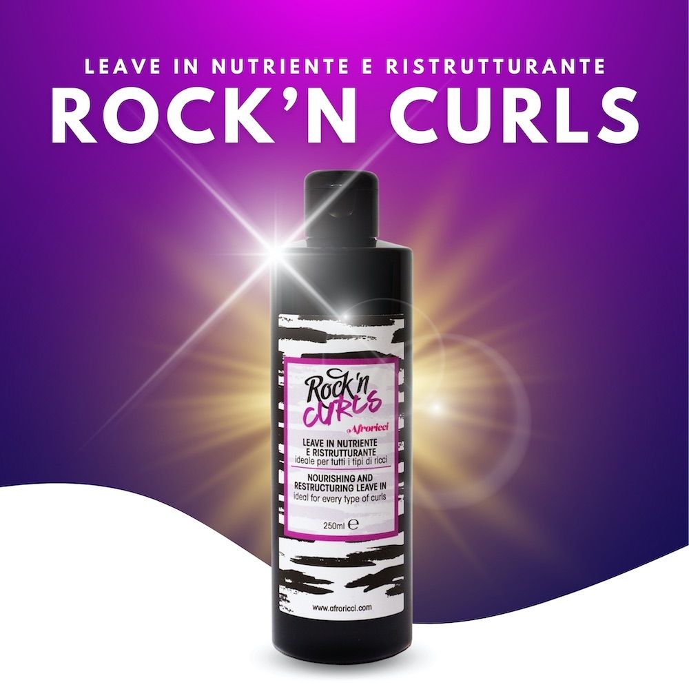 Flacone nero con etichetta bianca e rosa. Testo: Rock'n Curls, Leave In Nutriente e Ristrutturante, 250ml.