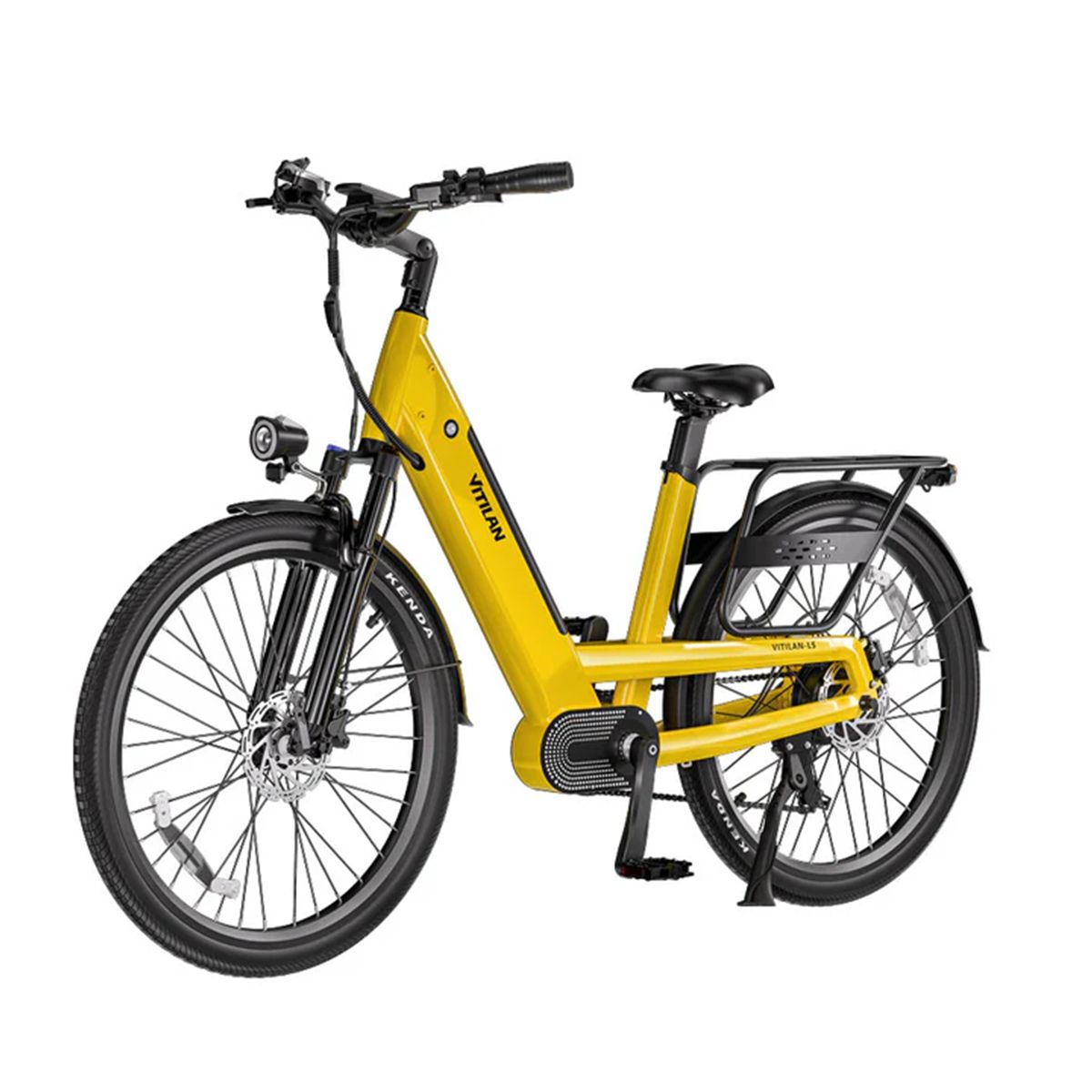 E-bike Vitilan L5 gialla. Pneumatici neri, portapacchi, faro. Scritta Kenda sui pneumatici.