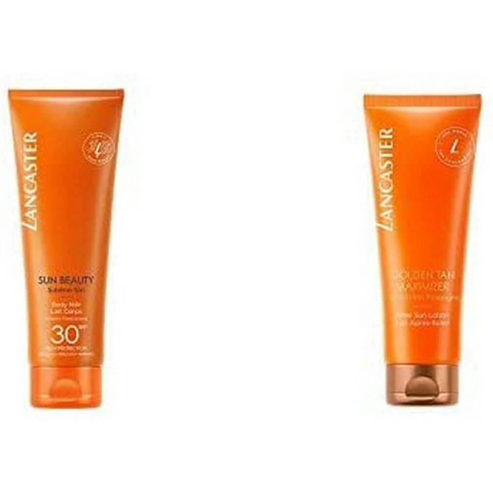 Due tubi arancioni. A sinistra: Lancaster Sun Beauty, SPF 30. A destra: Lancaster Golden Tan Moisturizer.