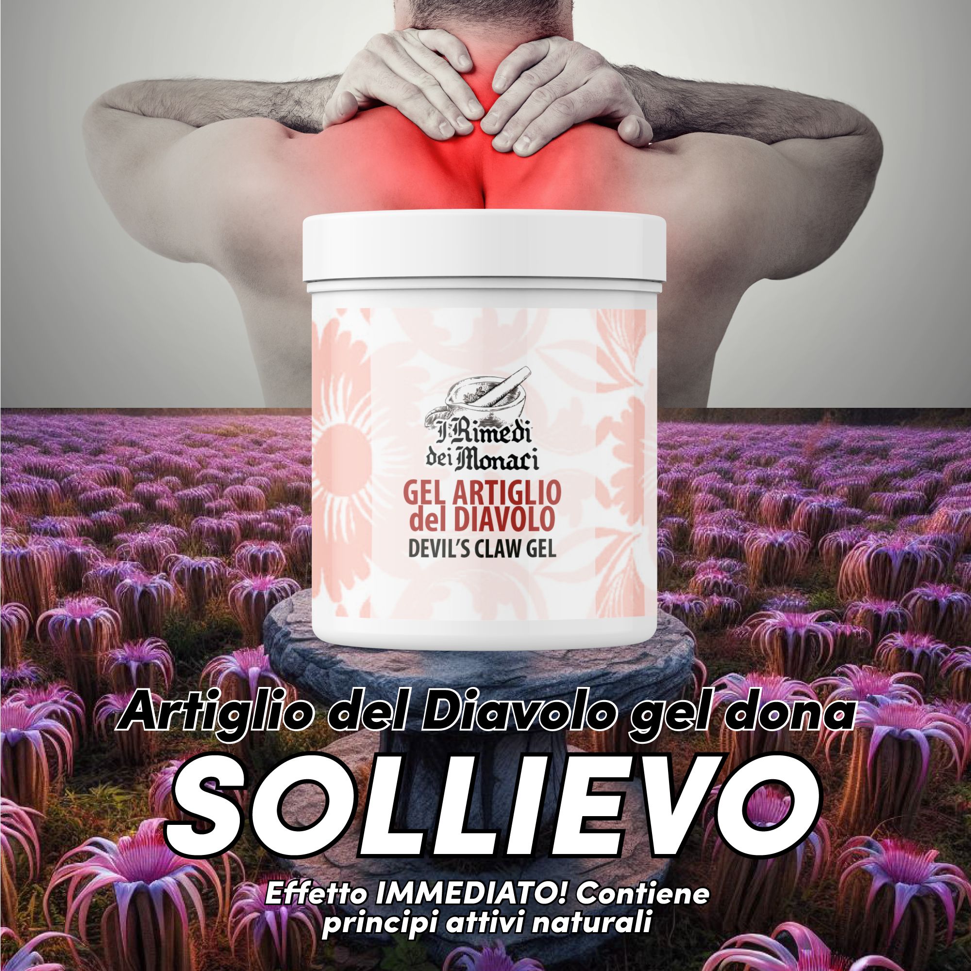 Vaso bianco con logo e scritta 'Gel Artiglio del Diavolo'. Scritta 'Devil's Claw Gel'. Su una superficie floreale.