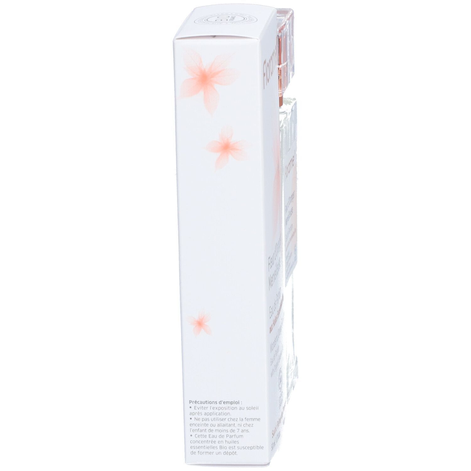 Confezione Florame, vista laterale. Scritta: Fleur d'Oranger Merveilleuse. Testo in francese. Illustrazione di fiori.