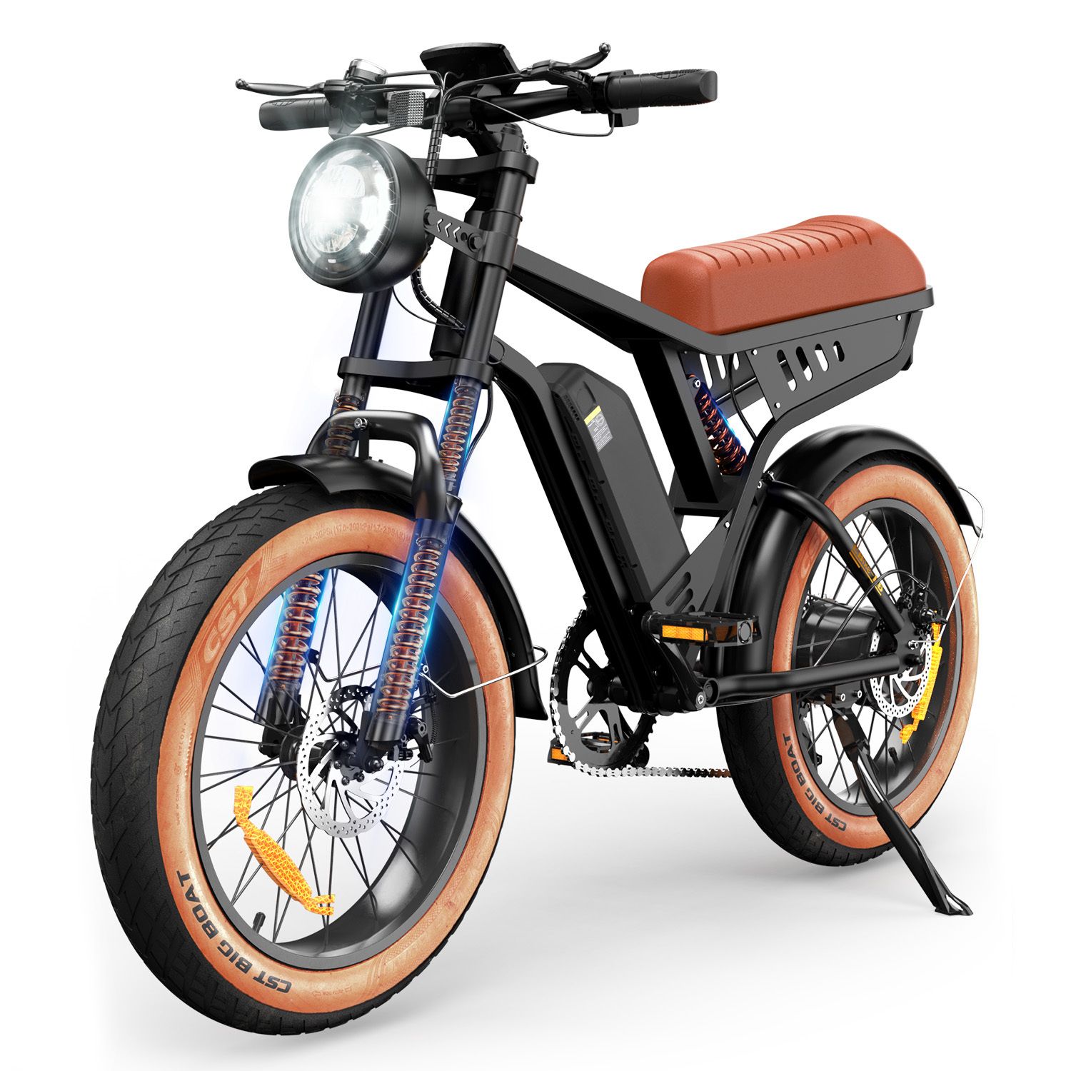 E-bike nera con sella e pneumatici marroni. Pneumatici larghi, faro e batteria.