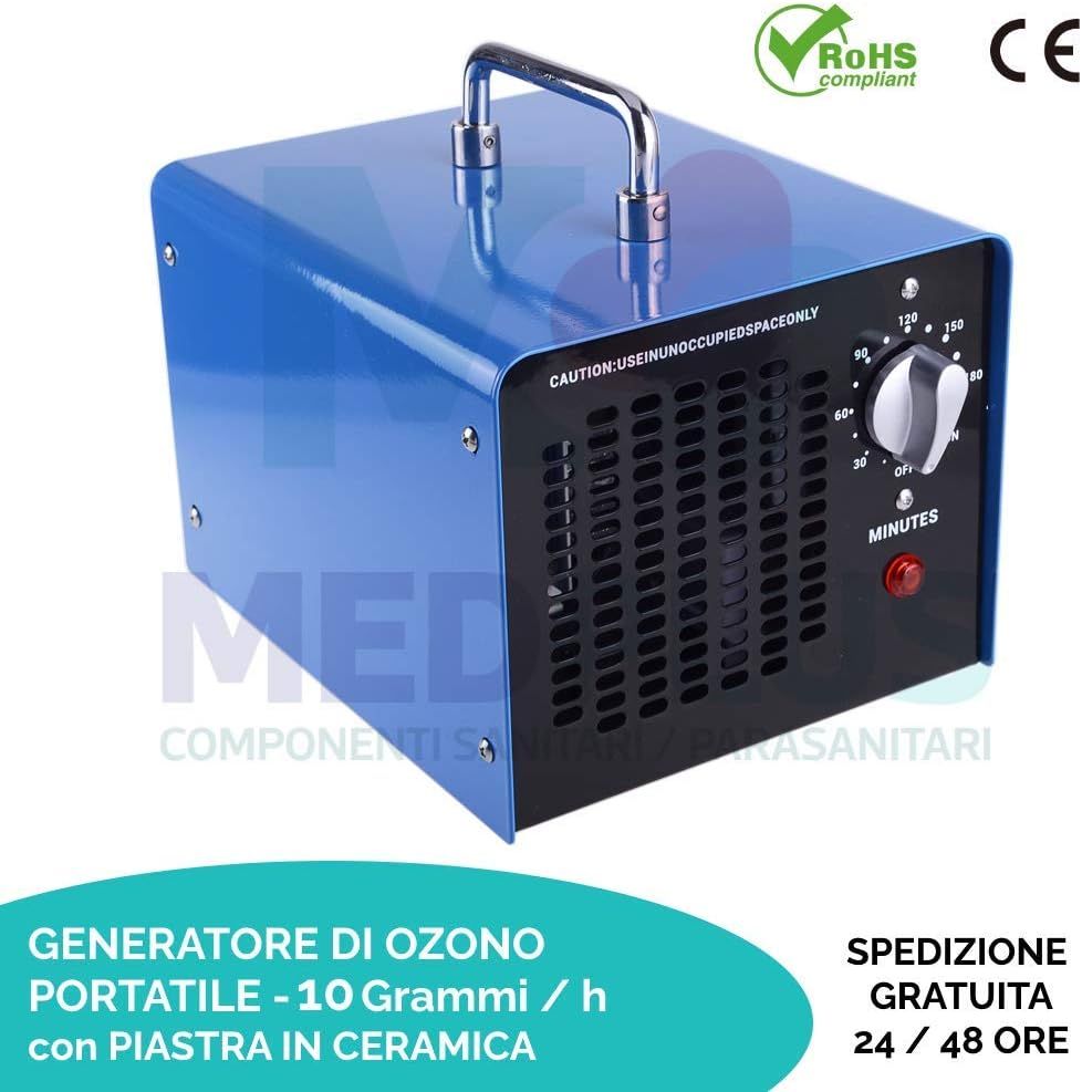Generatore di ozono blu con maniglia, pannello di controllo e spia rossa. Testo: 'Generatore di ozono portatile'.