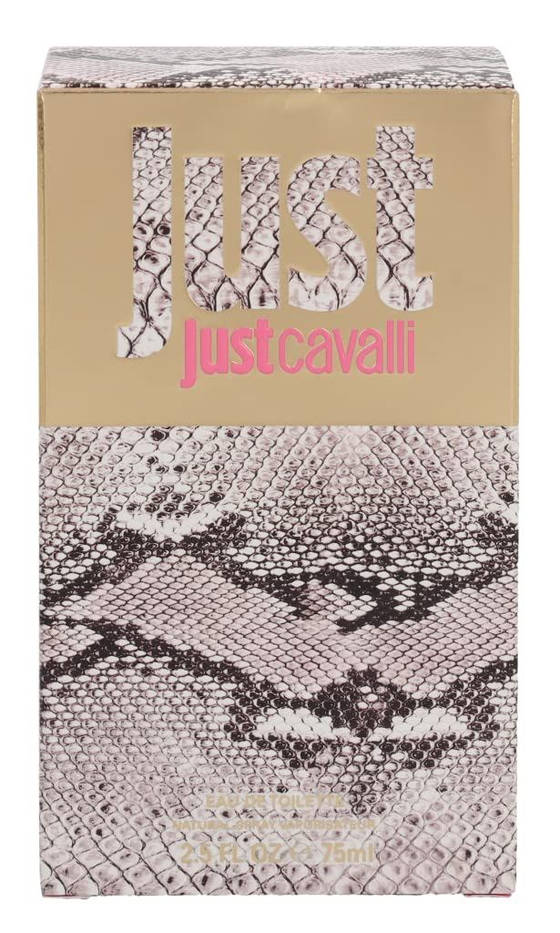 Confezione con motivo serpente e scritta "Just Cavalli". Sfondo dorato con testo rosa. Informazioni sul prodotto in basso.