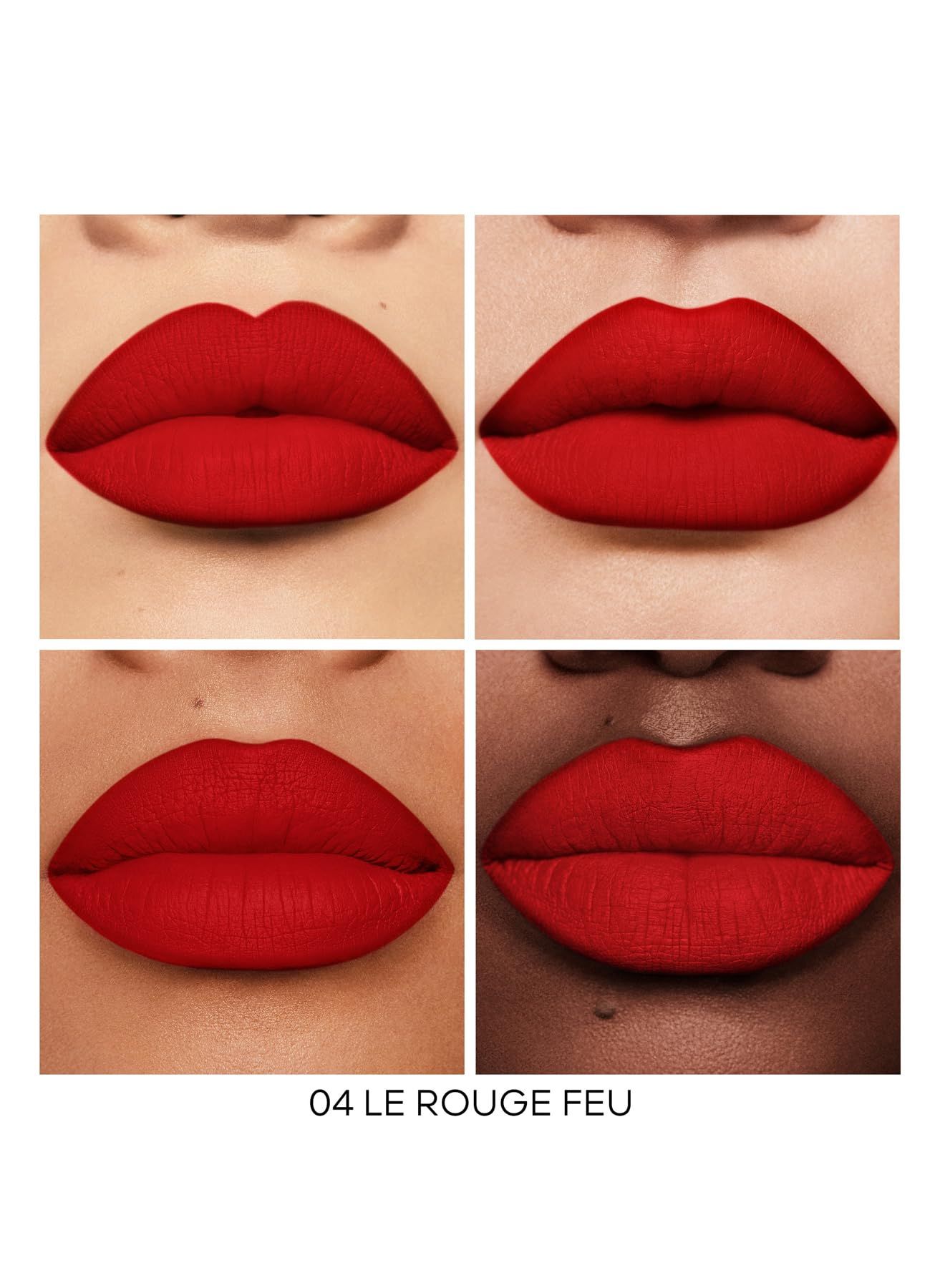 Quattro primi piani di labbra rosse. Diverse tonalità della pelle. Testo: 04 LE ROUGE FEU.