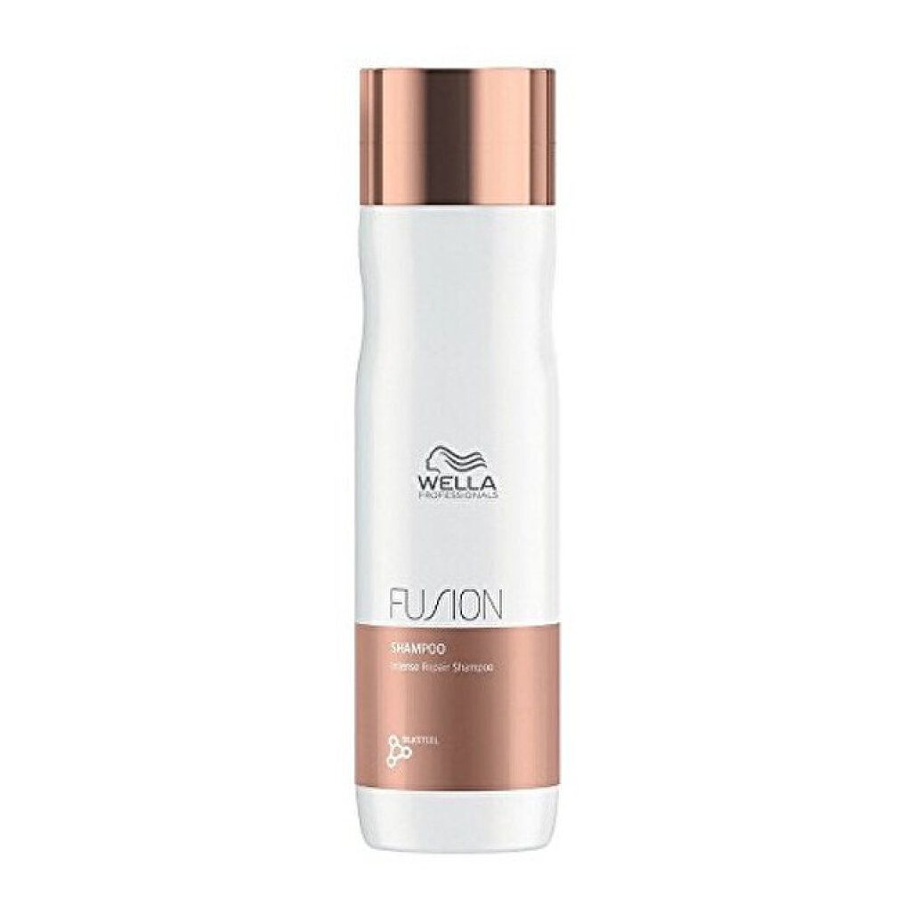 Flacone bianco sottile, tappo ramato e sezione marrone. Shampoo Wella Fusion.