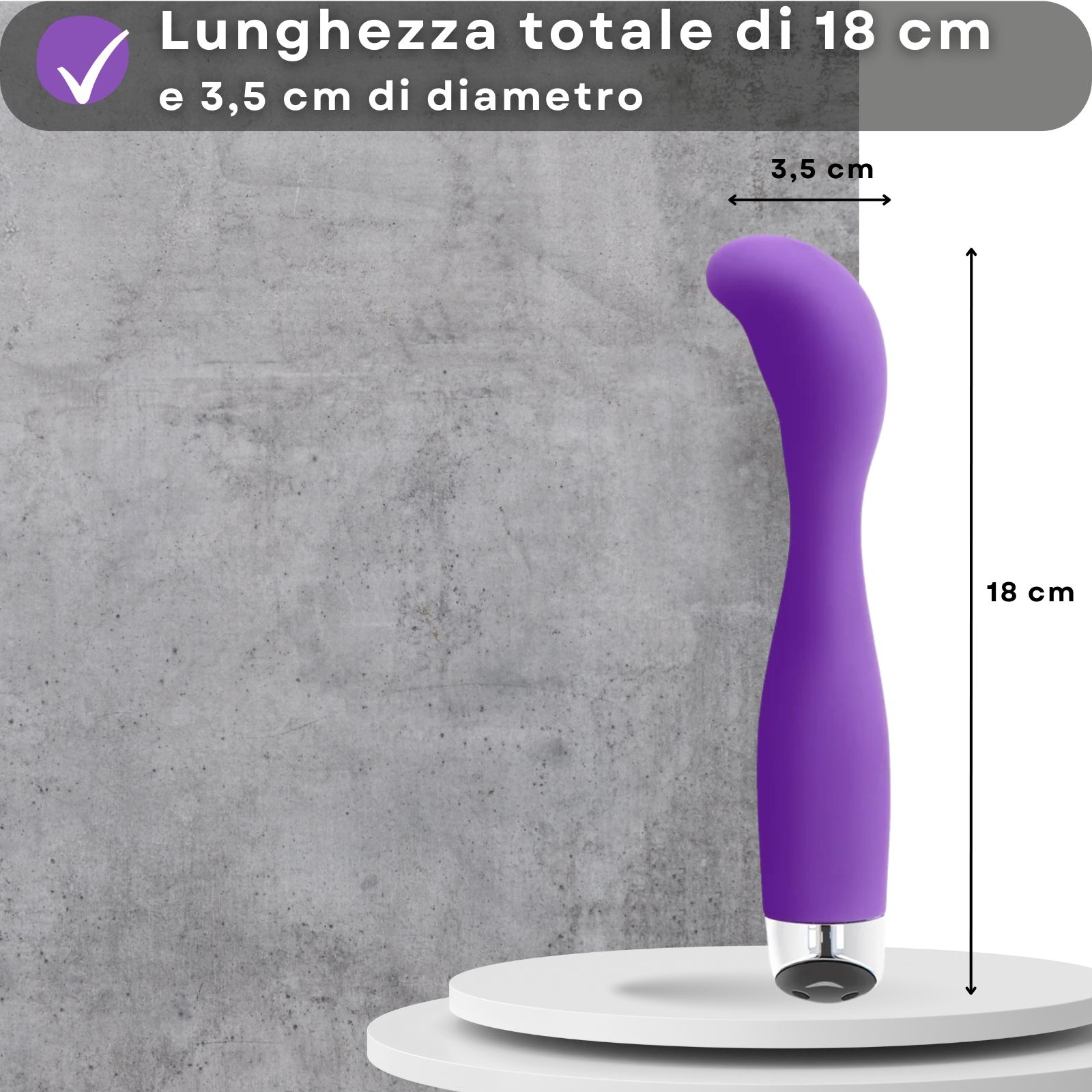 Vibratore viola. Silicone, forma curva. Dimensioni: 18 cm lungo, 3,5 cm di diametro.