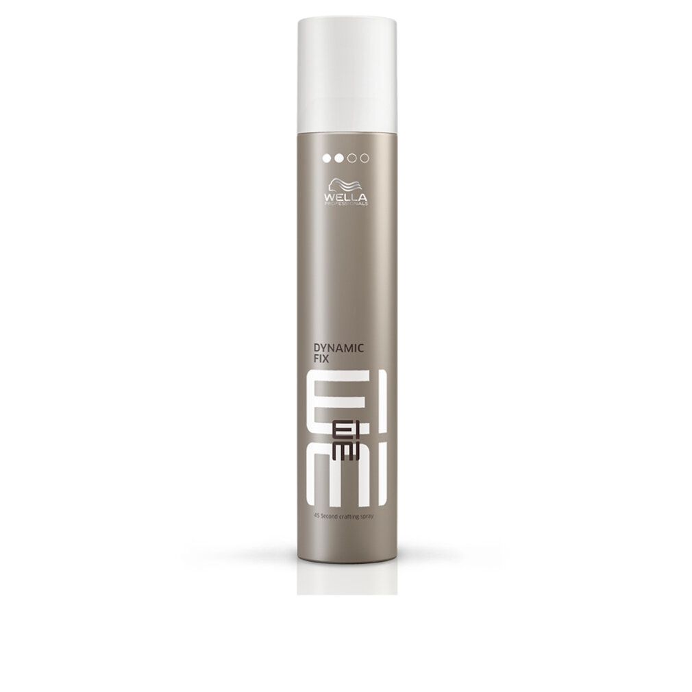 Bomboletta cilindrica con tappo bianco. Scritta: EIMI Dynamic Fix. Marchio Wella.