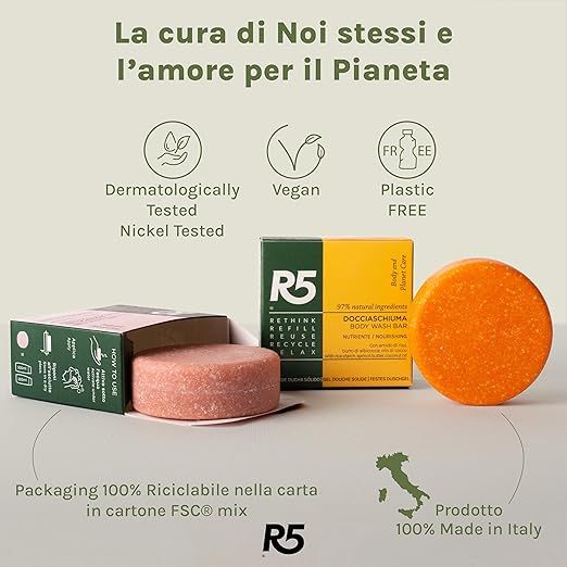 Saponetta rotonda, scatola gialla e rosa. Testo: R5, Docciaschiuma, Vegan, Senza plastica, Made in Italy.
