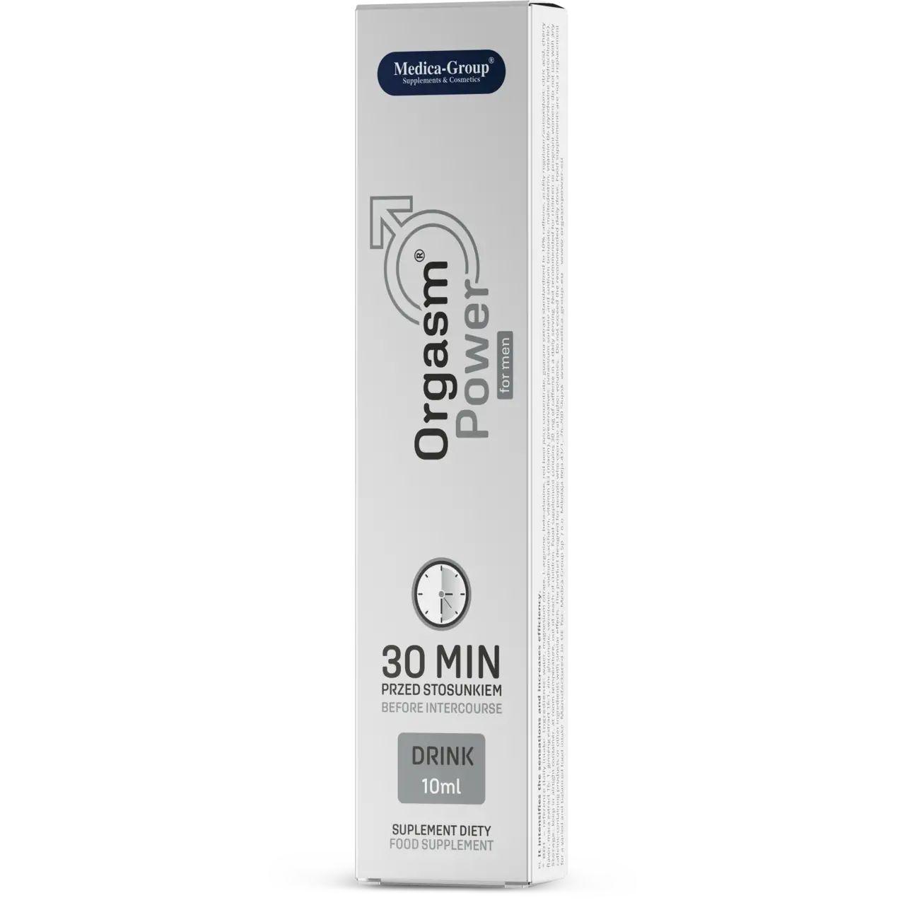 Scatola "Orgasm Power for Men". Testo: "30 MINUTI PRIMA DEL RAPPORTO". Marca: Medica-Group. Drink 10ml.