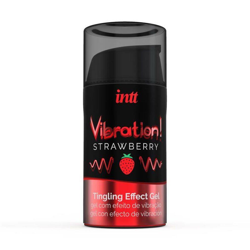 Flacone cilindrico con etichetta nera. Nome prodotto: Vibration! Strawberry Tingling Effect Gel. Marchio: INTT. Con dosatore.
