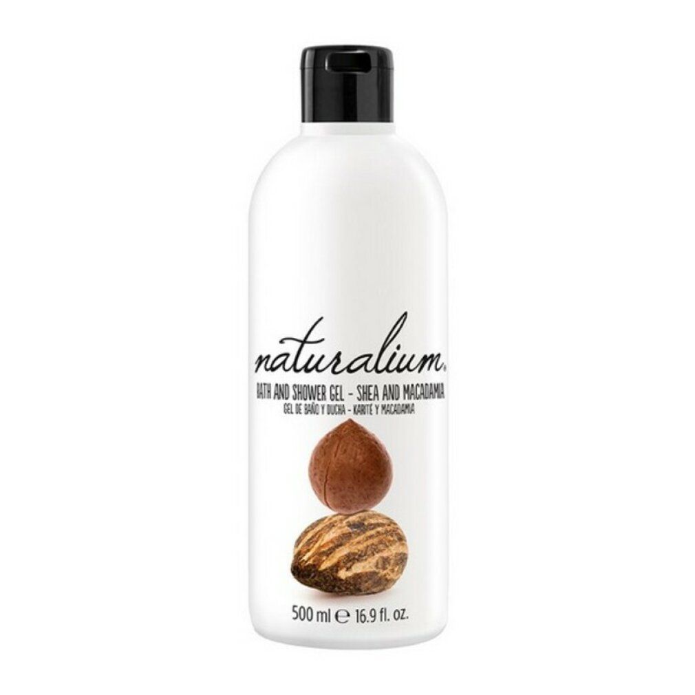 Flacone bianco di bagnoschiuma, karité e macadamia. Contiene 500 ml.