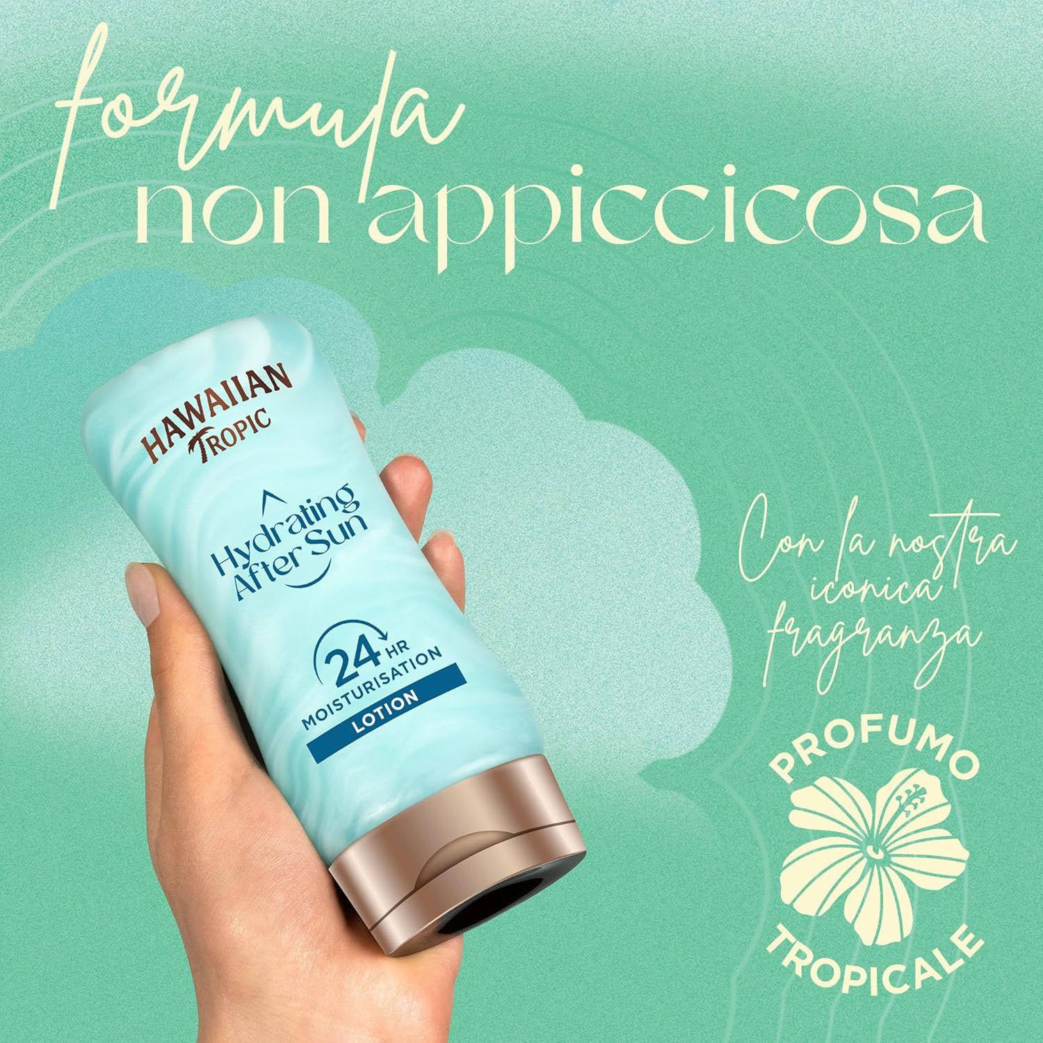Hawaiian Tropic Hydrating After Sun Lotion. Flacone in mano. Testo: Non appiccicoso, profumo tropicale.