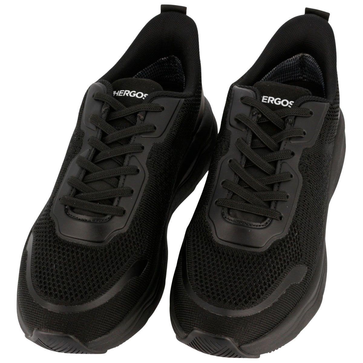 Coppia di sneaker neri traspiranti con lacci e logo "HERGOS" sulla linguetta.