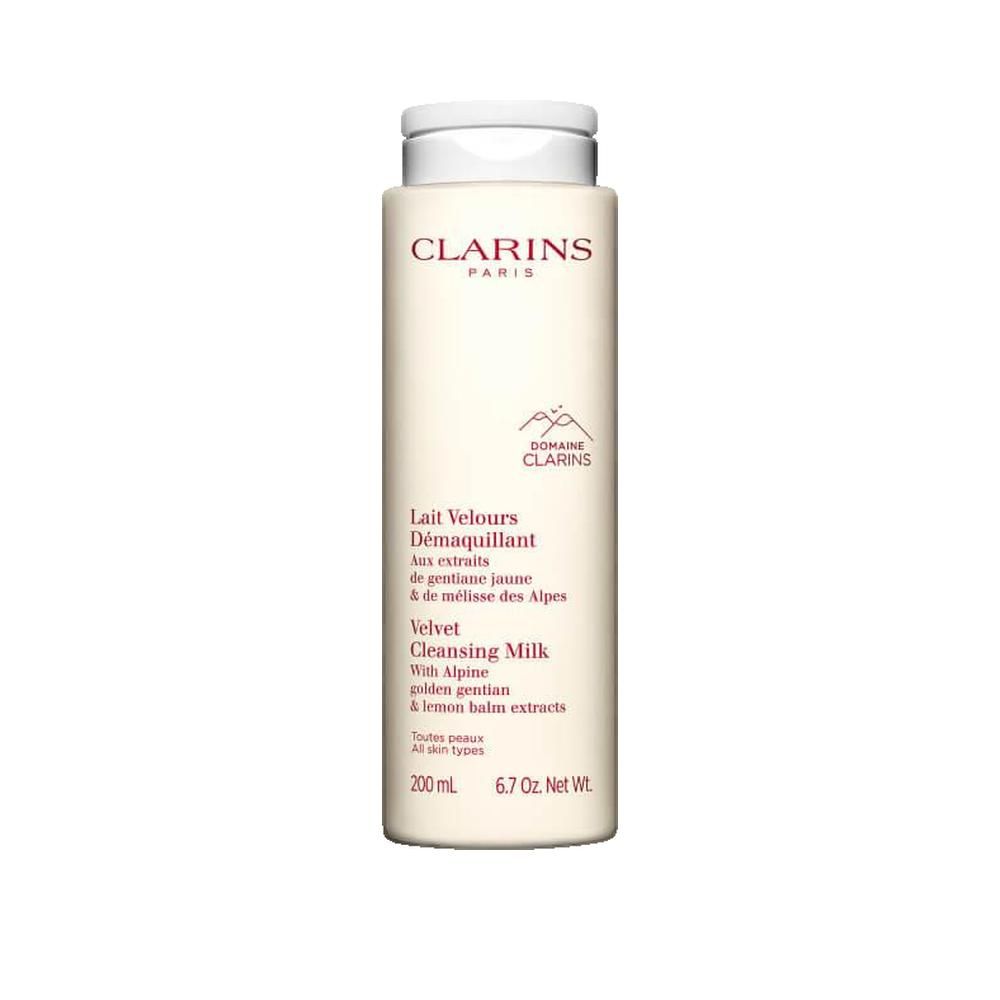 Flacone Clarins Lait Velours Démaquillant. Tappo bianco. Testo: Lait Velours Démaquillant, Clarins Paris, 200 ml.