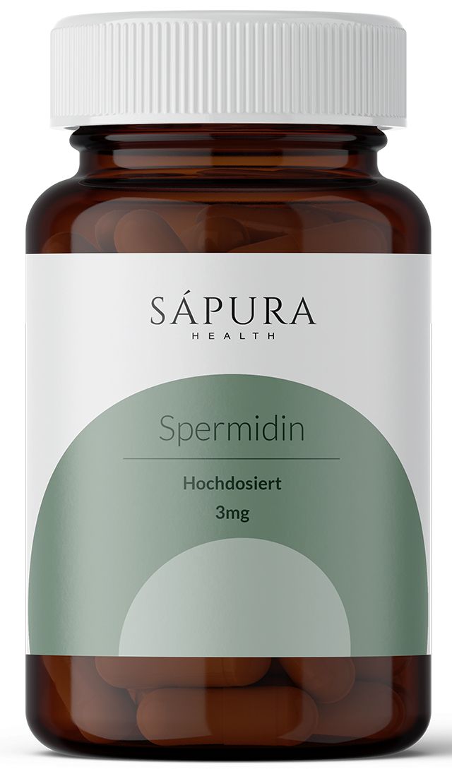 Flacone di vetro marrone con etichetta bianca. Scritta: SÁPURA HEALTH, Spermidin, hochdosiert, 3mg. Contiene capsule marroni.