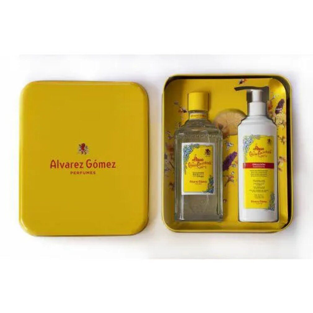 Confezione regalo gialla Alvarez Gómez con flacone e dispenser. Etichette gialle. Marchio e nome visibili.