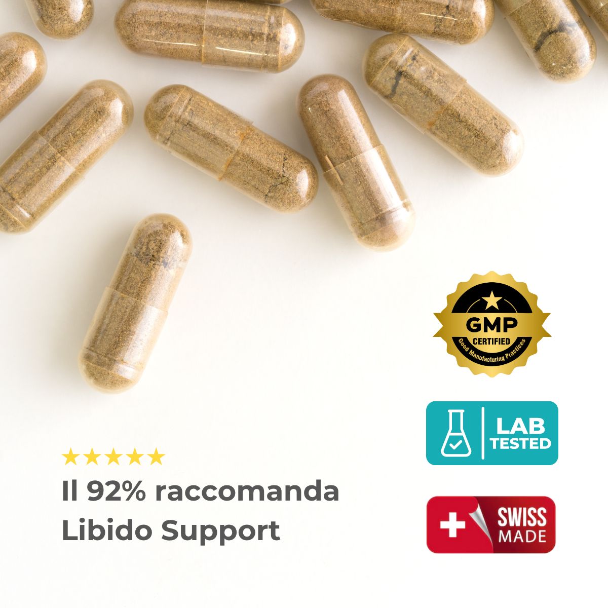 Capsule su sfondo bianco. Certificazione GMP, test di laboratorio, Swiss Made. Il 92% raccomanda Libido Support.
