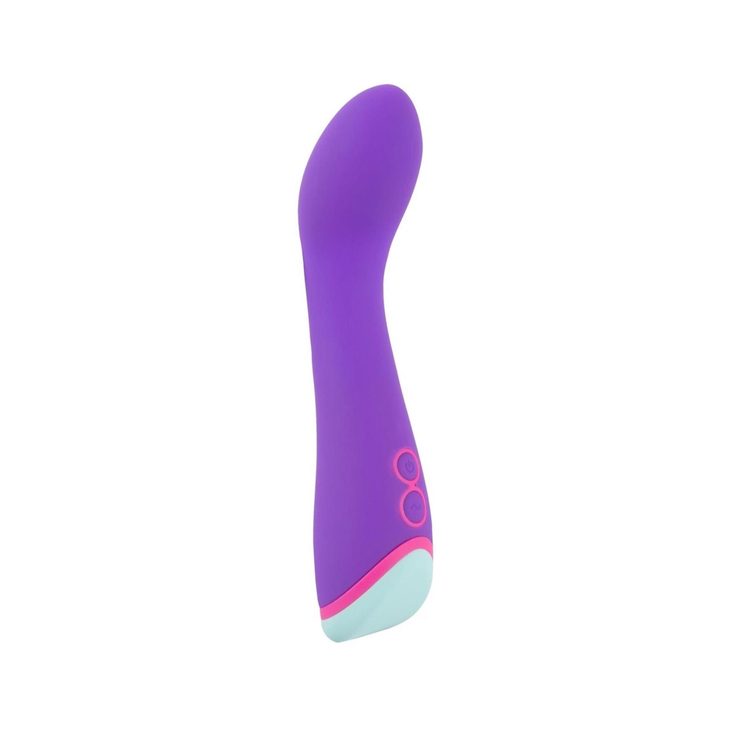 Vibratore viola curvo. Due pulsanti, accenti rosa e azzurro chiaro all'estremità.