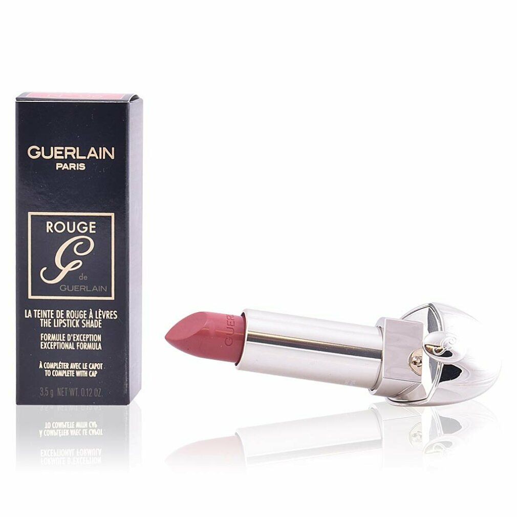 Rossetto e confezione. Confezione nera con scritta "Guerlain Paris" e "Rouge G". Rossetto in astuccio argentato, colore rosa.