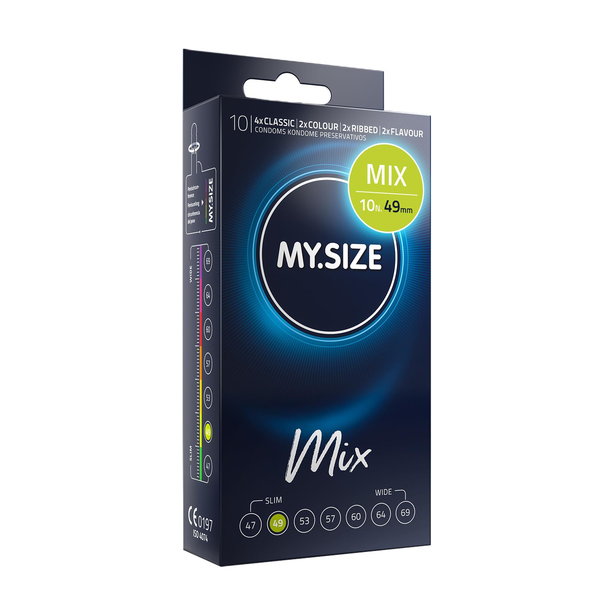 Confezione MY.SIZE Mix, 10 pezzi, misura 49mm. Indicazione della taglia.