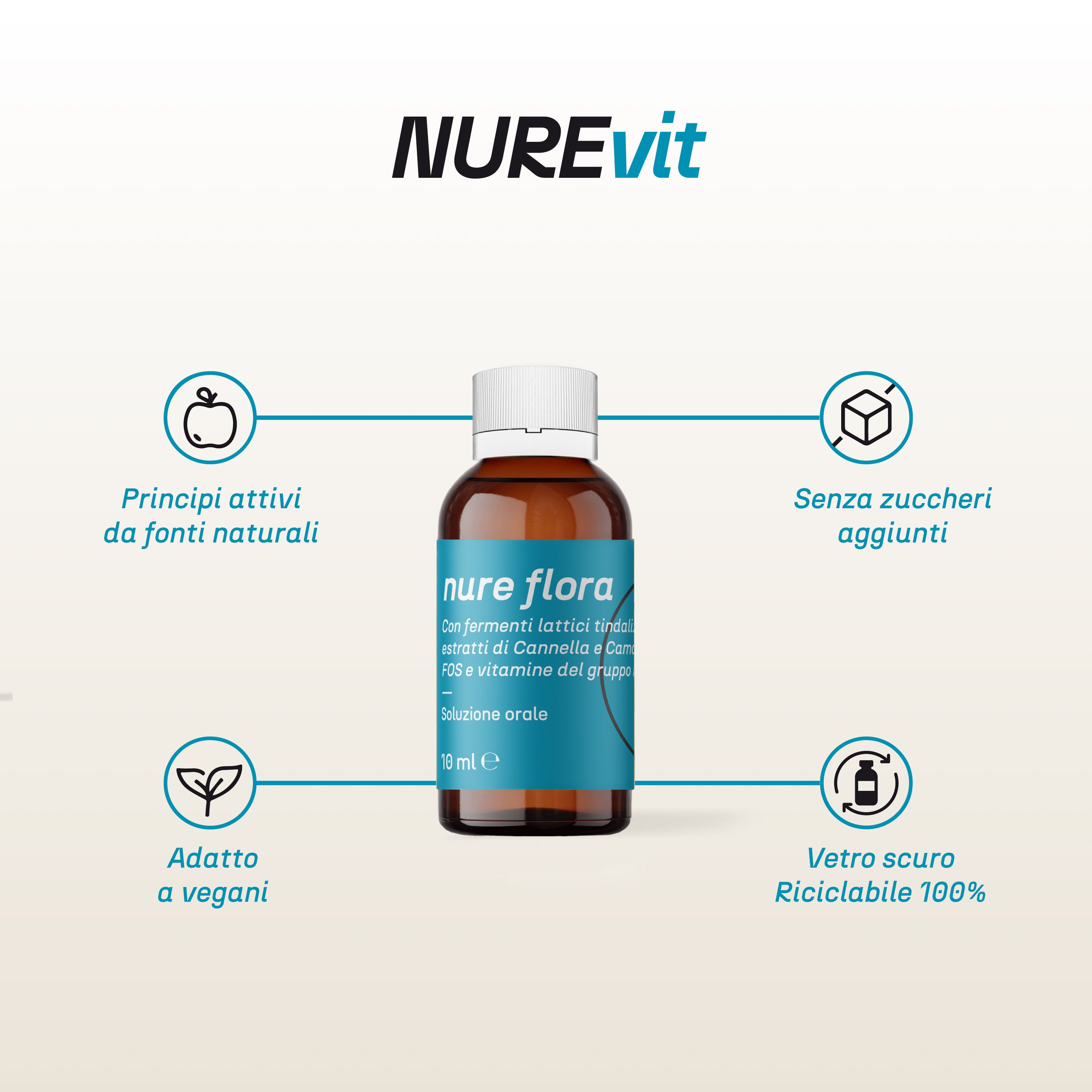 NURE Flora Soluzione Orale 10 Flaconi da 10 ml |Integratore per l'Equilibrio della Flora Intestinale