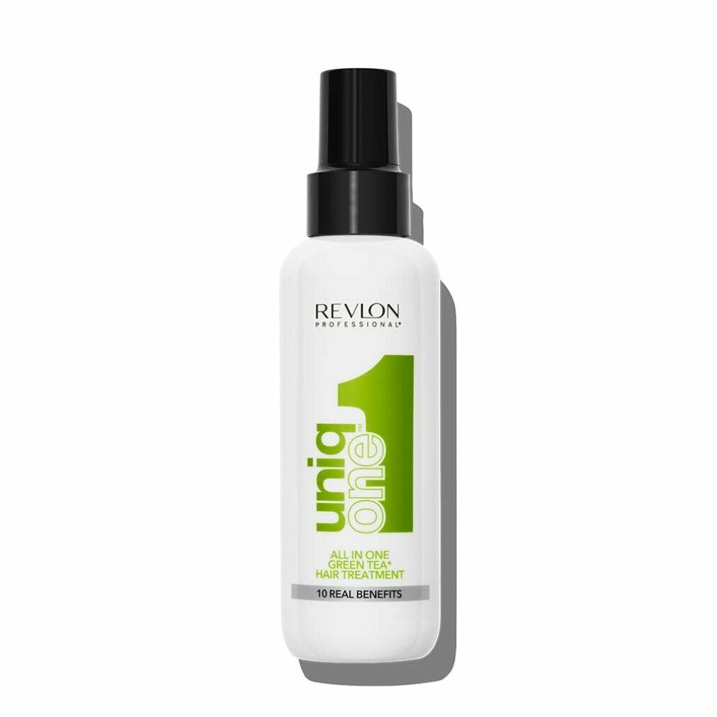 Spray per capelli bianco con erogatore nero. Scritta: Uniq One, Revlon Professional, All in One Green Tea Hair Treatment, 10 Real Benefits.