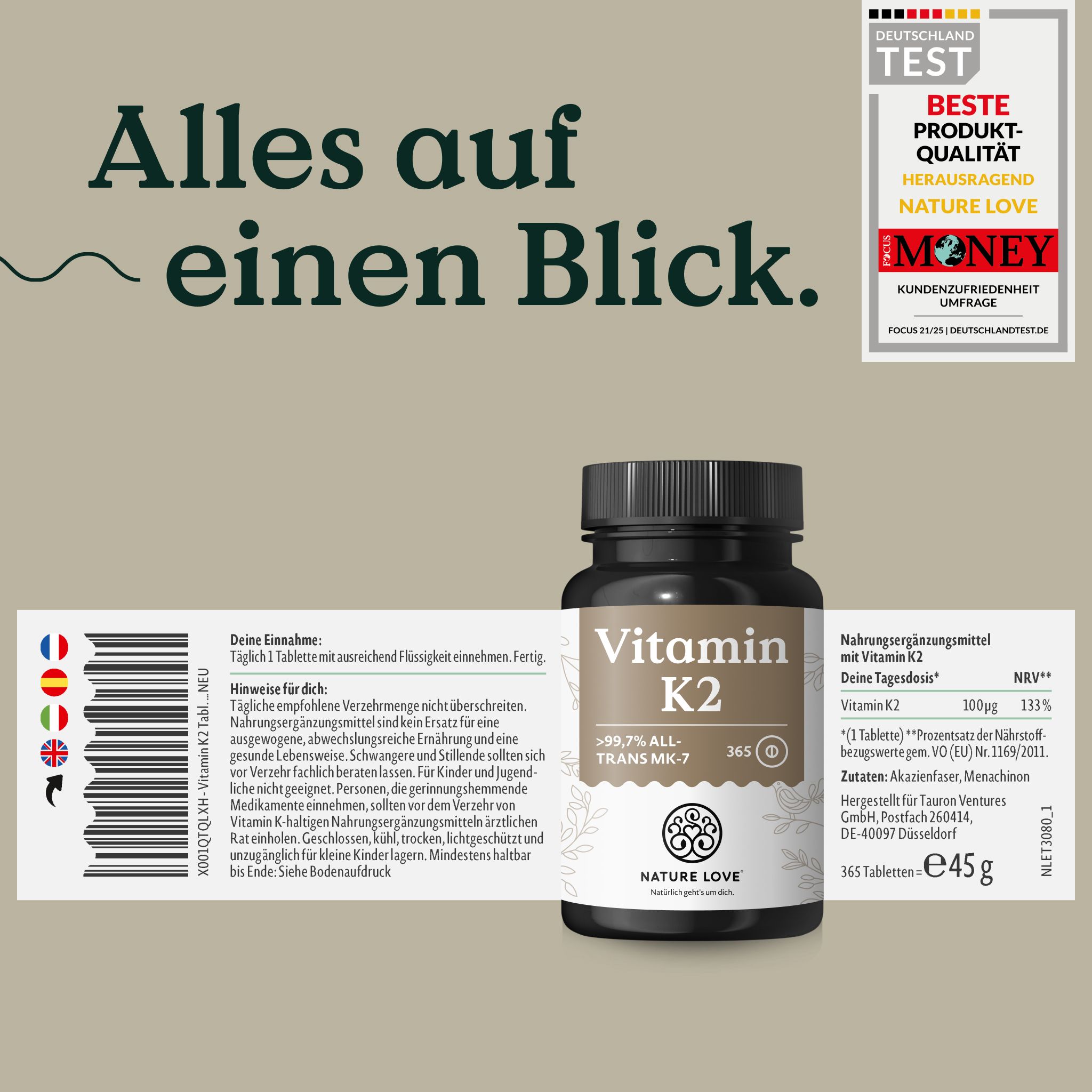 Flacone Vitamina K2 Nature Love, 365 capsule, con informazioni nutrizionali.