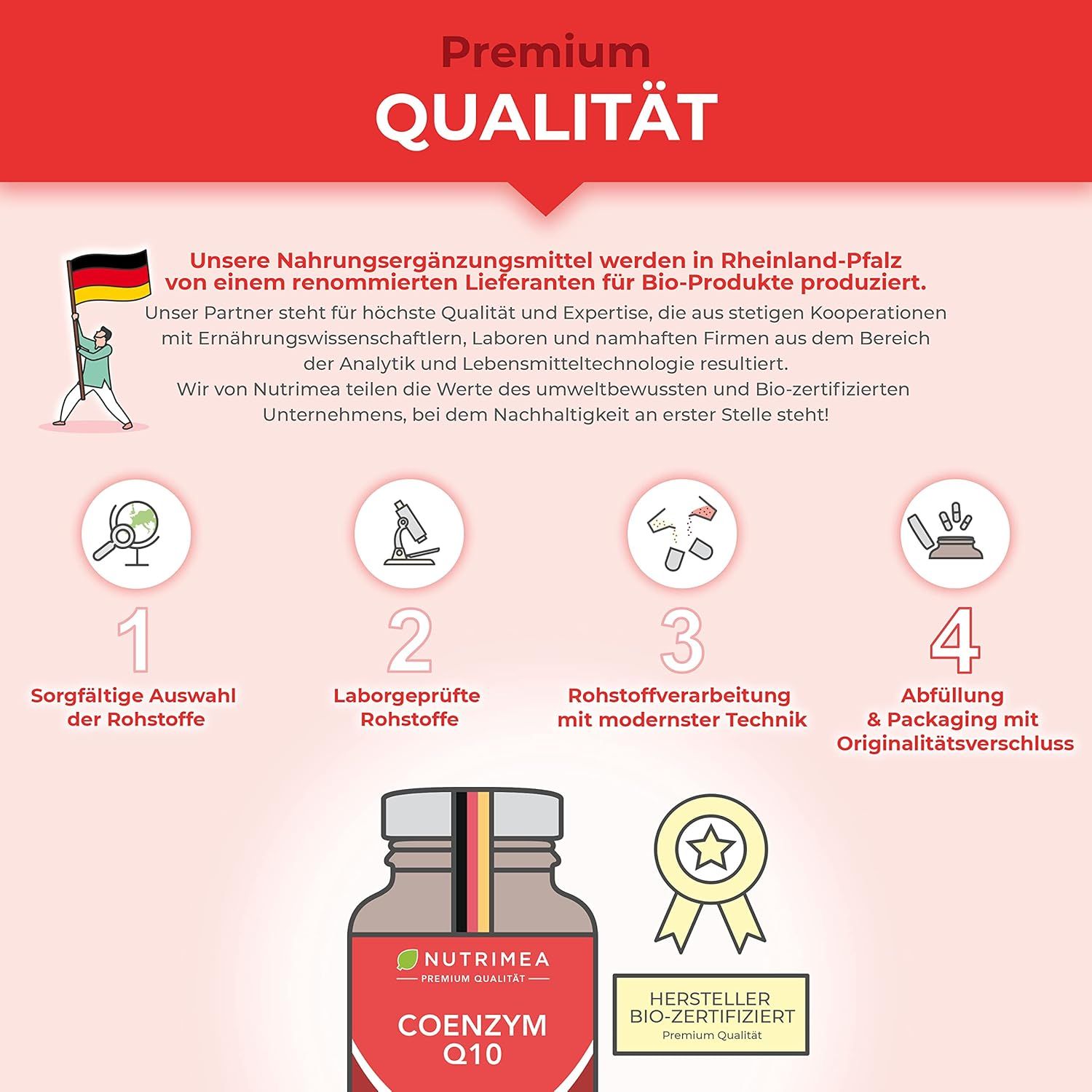 Infografica: Qualità Premium. Selezione delle materie prime, materie prime testate in laboratorio, lavorazione delle materie prime, riempimento e confezionamento. Bio-certificato.