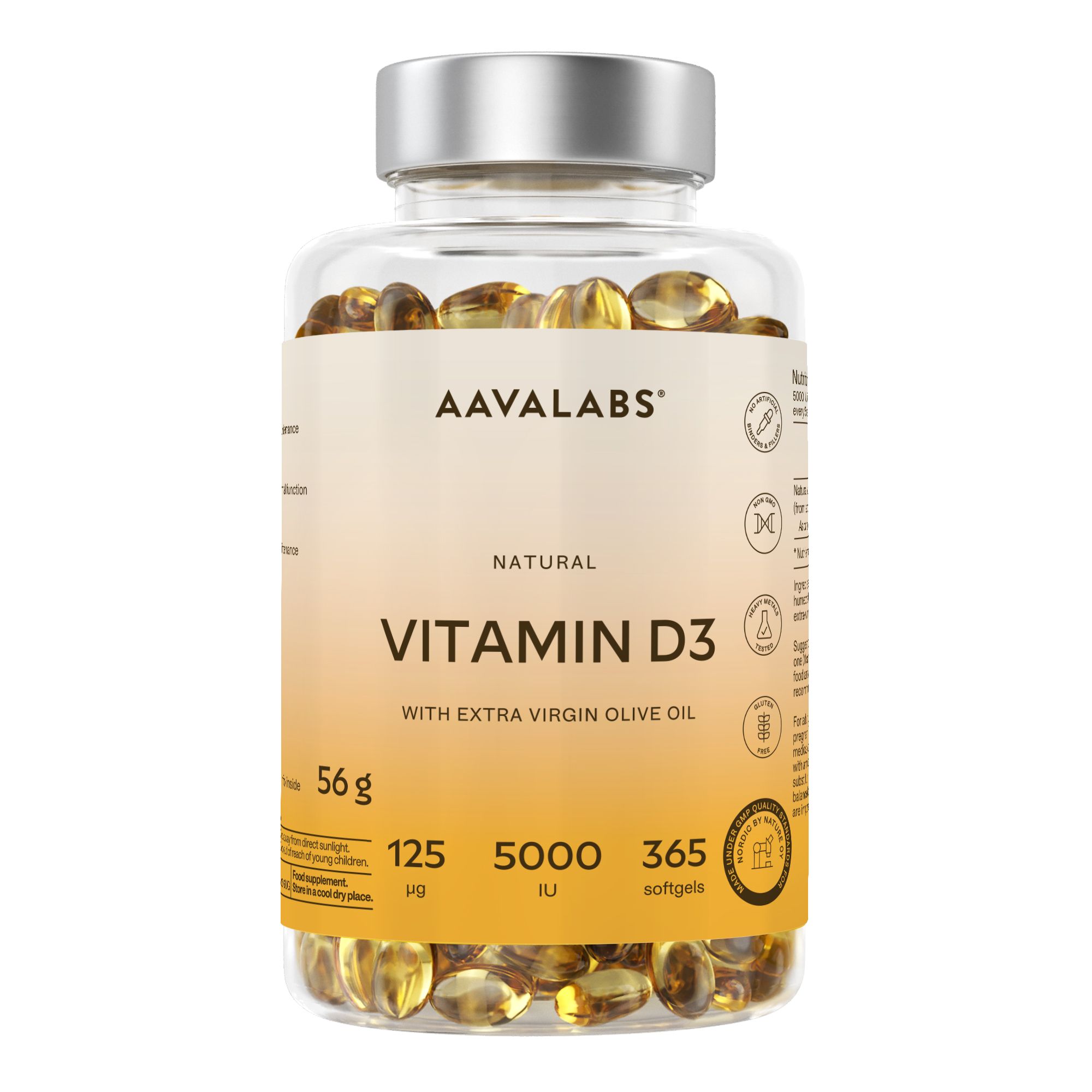 Flacone trasparente con capsule di vitamina D3. Scritta: AAVALABS, Vitamin D3, 5000 UI, 365 softgel.