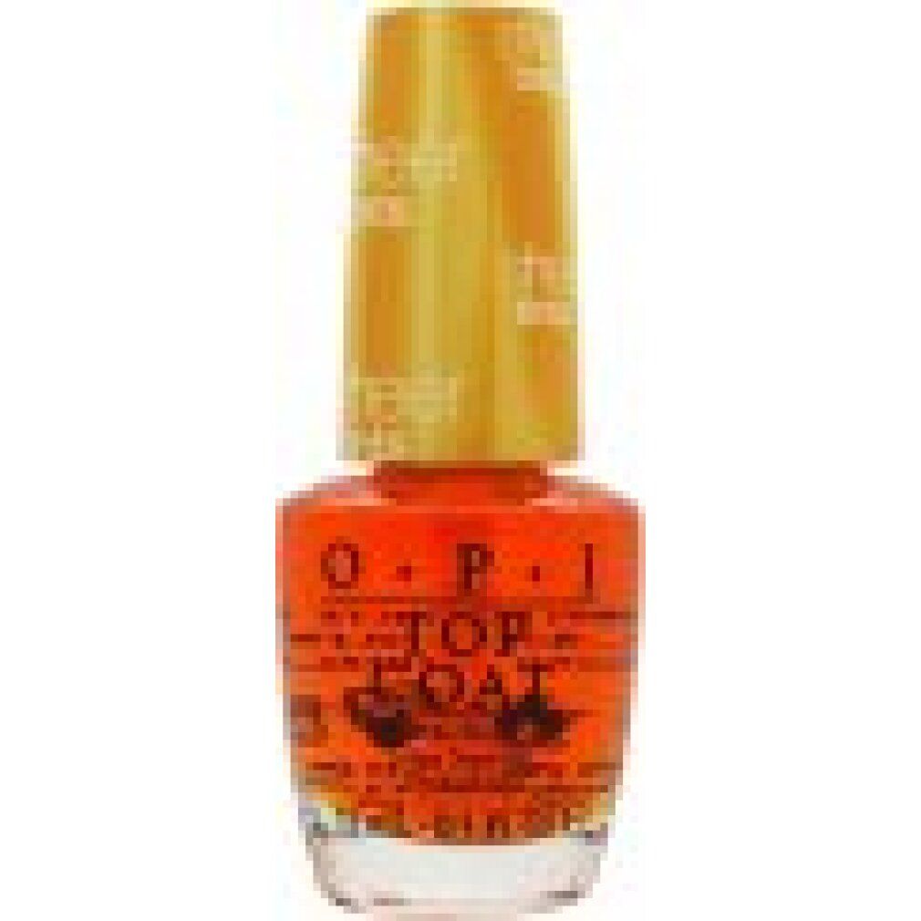 Flacone OPI Sheer Tints Top Coat. Smalto arancione. Tappo giallo con testo.