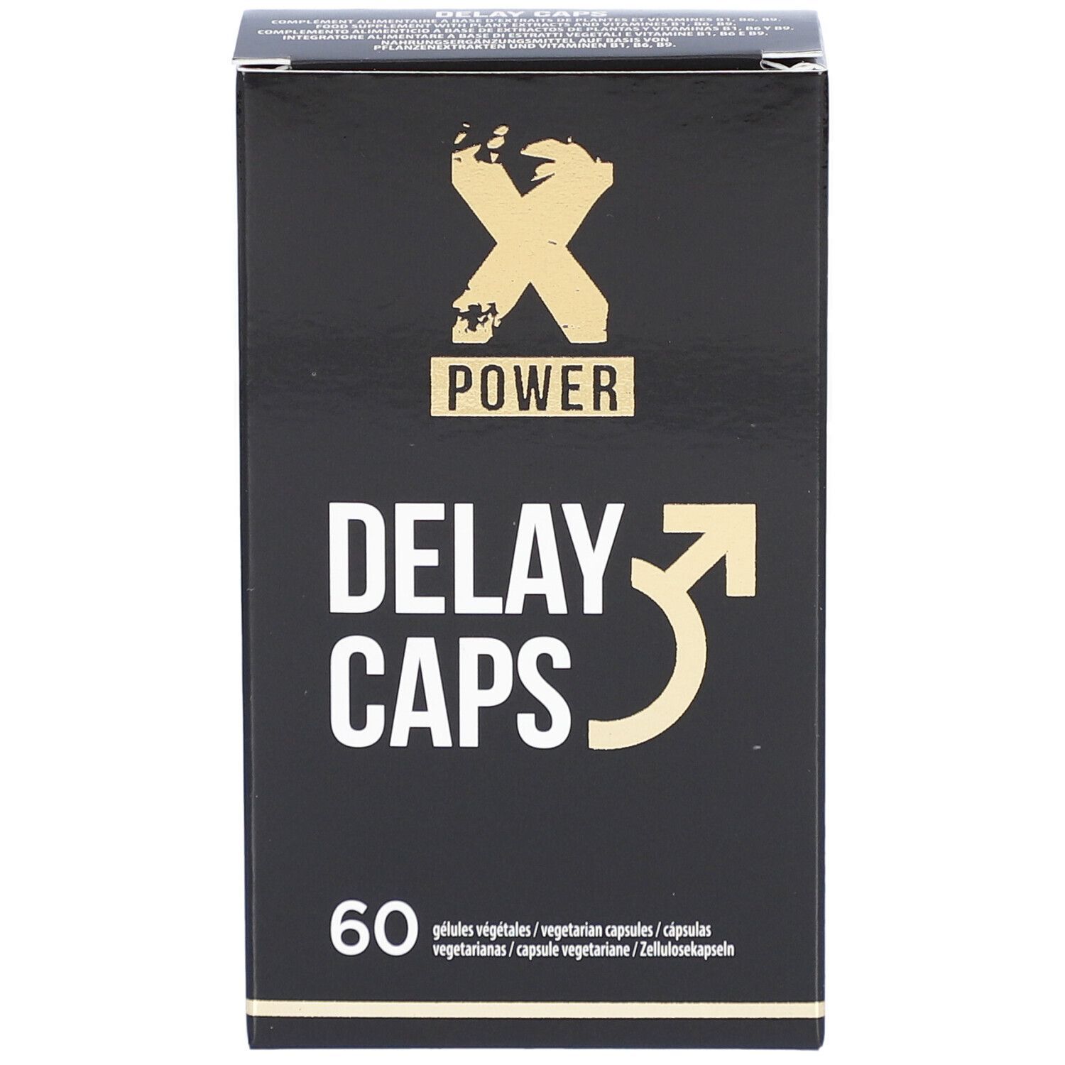 Scatola nera con "X POWER DELAY CAPS" e 60 capsule. Scritte bianche e oro. Capsule vegetariane.