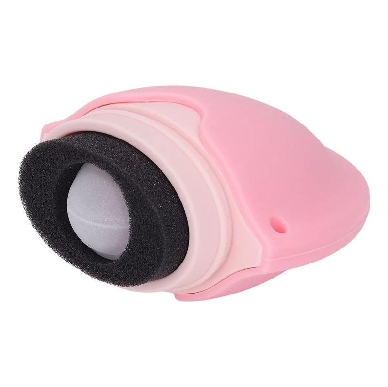 Prodotto ovale rosa aperto. Spugna e rullo visibili. Alloggiamento rosa.