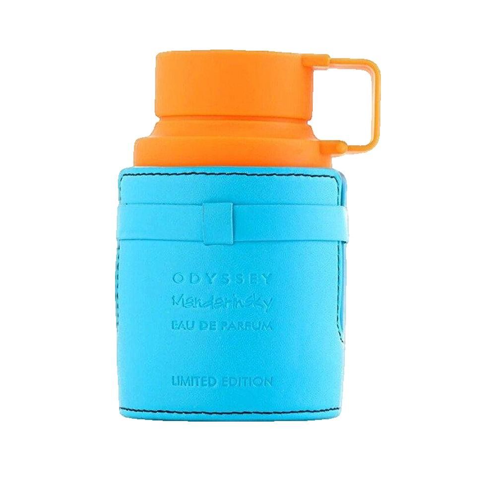 Flacone turchese con tappo arancione. Scritta: Odyssey Mandarin Sky Eau de Parfum. Edizione limitata.