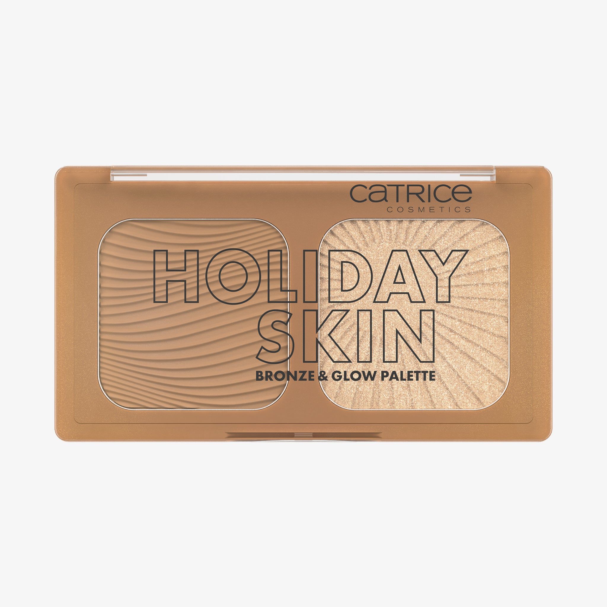 Palette cosmetica con scritta 'HOLIDAY SKIN BRONZE & GLOW PALETTE'. A sinistra, prodotto marrone, a destra, prodotto dorato.