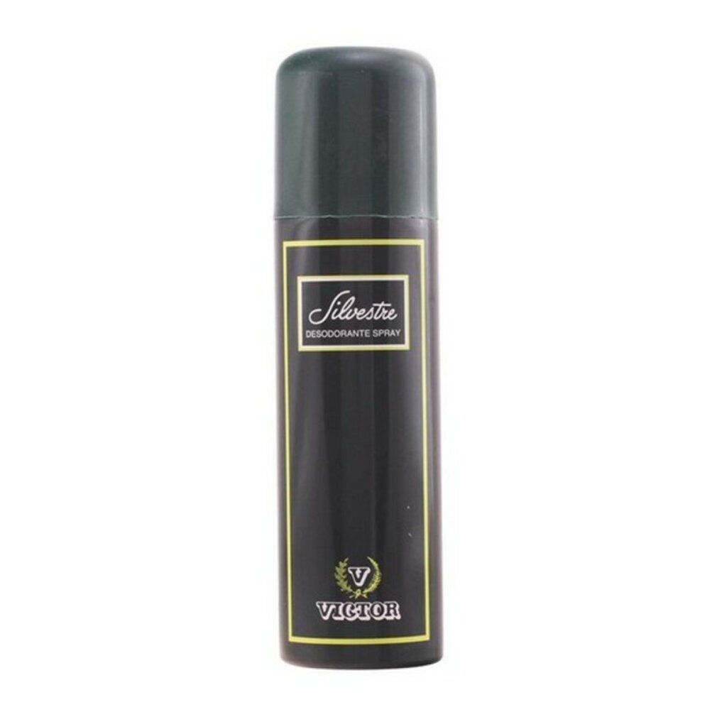 Flacone spray deodorante nero con tappo verde. Scritte "Silvestre" e "Victor".