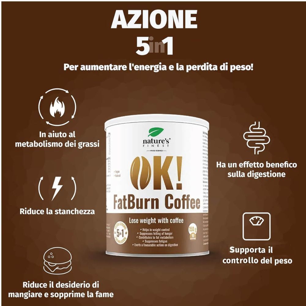 Barattolo OK! FatBurn Coffee. Testo: Azione 5 in 1. Aiuta il metabolismo dei grassi. Riduce la stanchezza. Sopprime la fame.