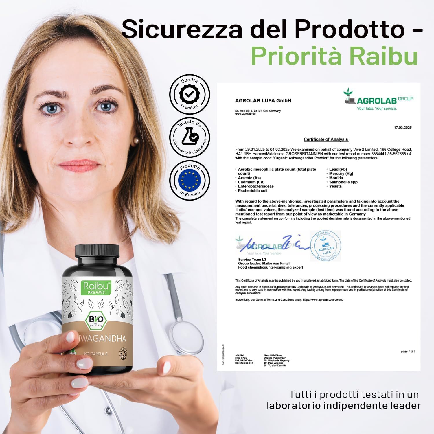 Medico con flacone. Certificati e rapporto di laboratorio. Scritta: Raibu Organic, Ashwagandha. Tutti i prodotti testati in laboratorio indipendente.