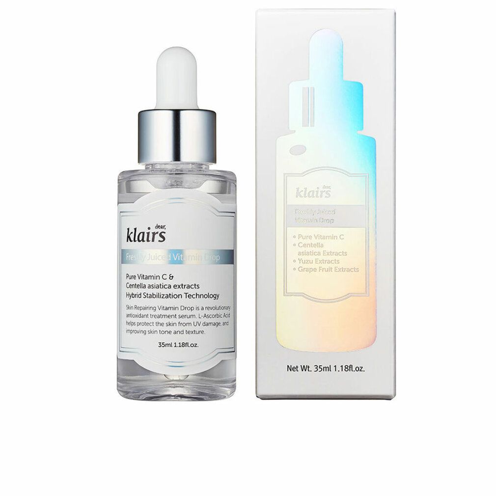 Flacone di siero Klairs con confezione. Vetro trasparente, tappo argentato, etichetta bianca. Testo: Freshly Juiced Vitamin Drop.