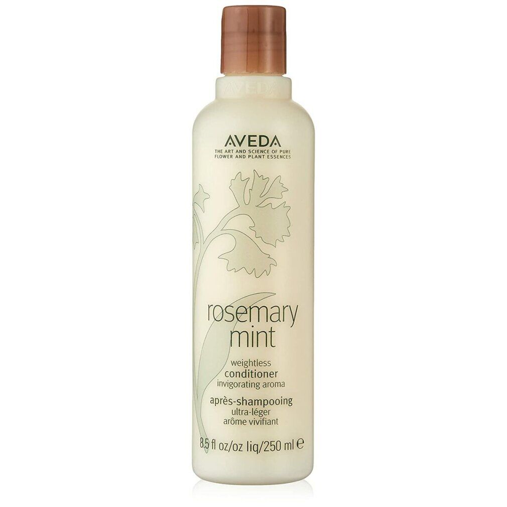 Flacone beige con tappo marrone. Scritta: Aveda, Rosemary Mint, balsamo. 250 ml.
