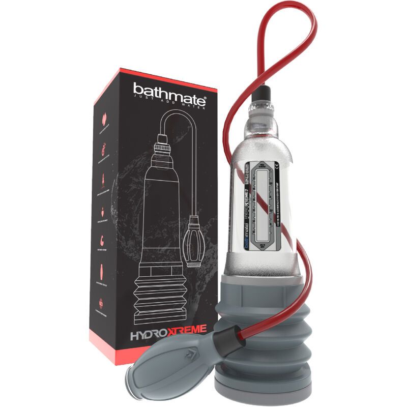 Bathmate HydroXtreme7 Clear Wide Boy con tubo rosso, soffietto grigio e scala.