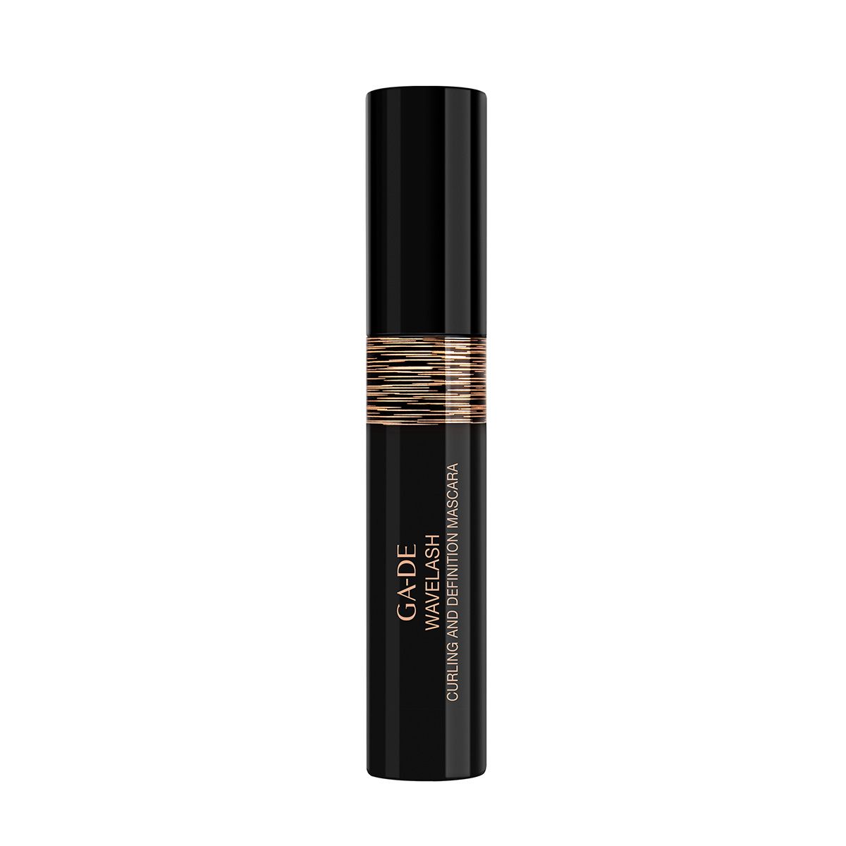 Tubo di mascara nero con fascia dorata e testo. Vista in piedi.