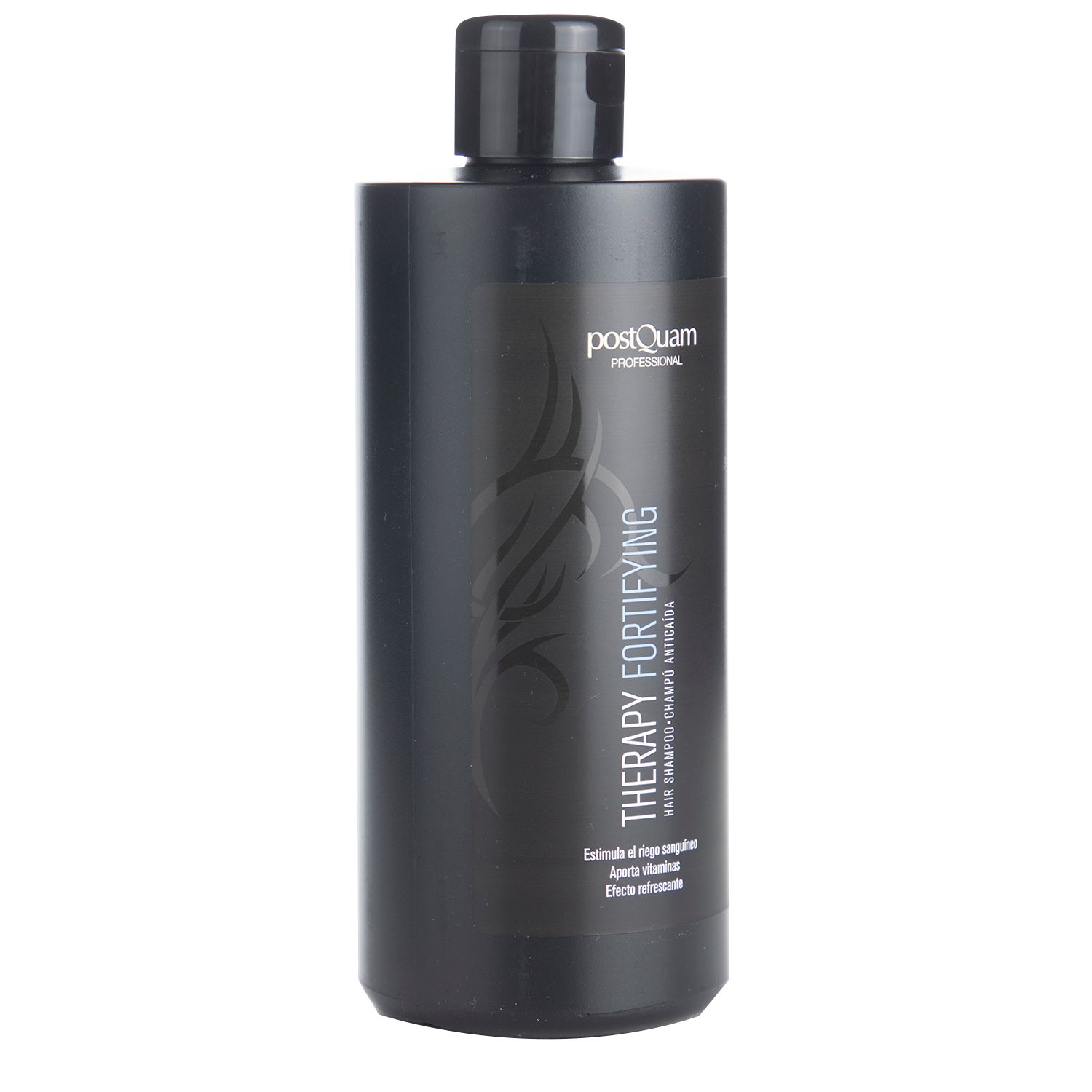 Flacone di shampoo nero con testo "Postquam Professional" e "Therapy Fortifying".