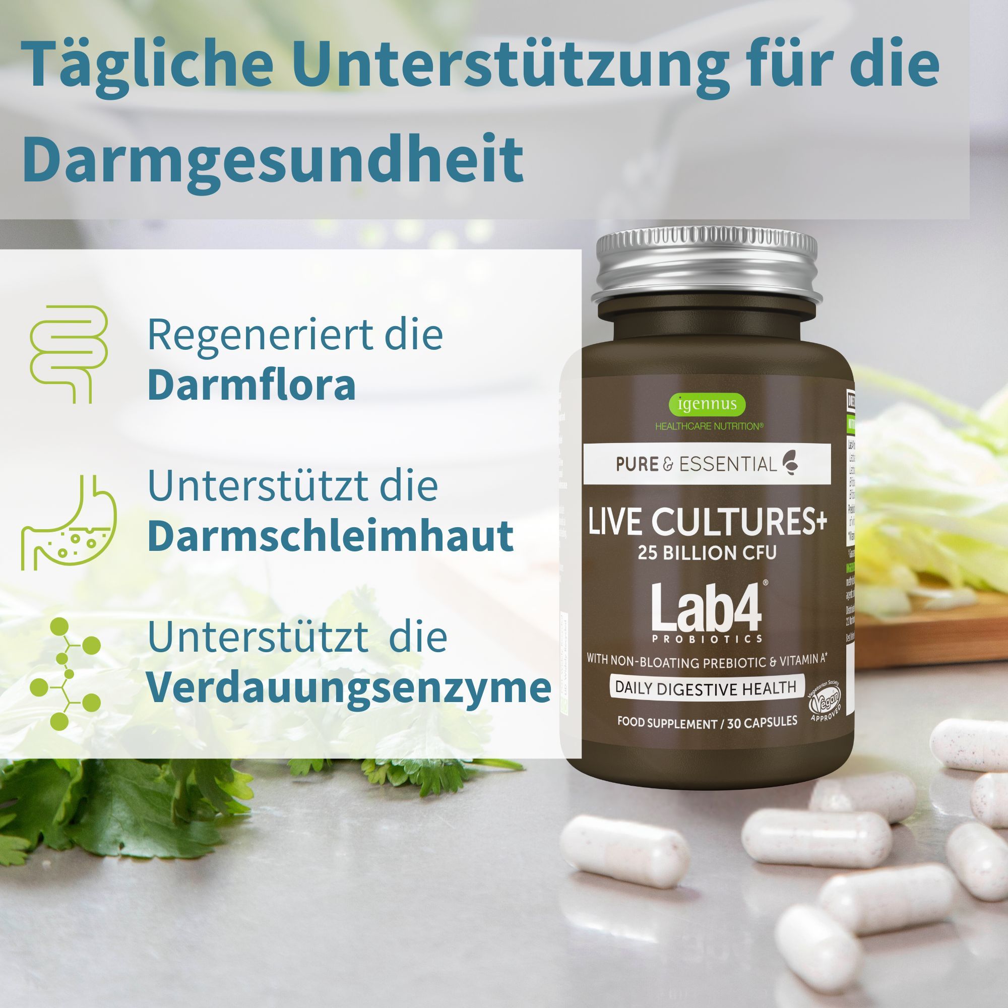 Capsule Igennus Probiotici: supportano la salute intestinale, la flora e gli enzimi digestivi.
