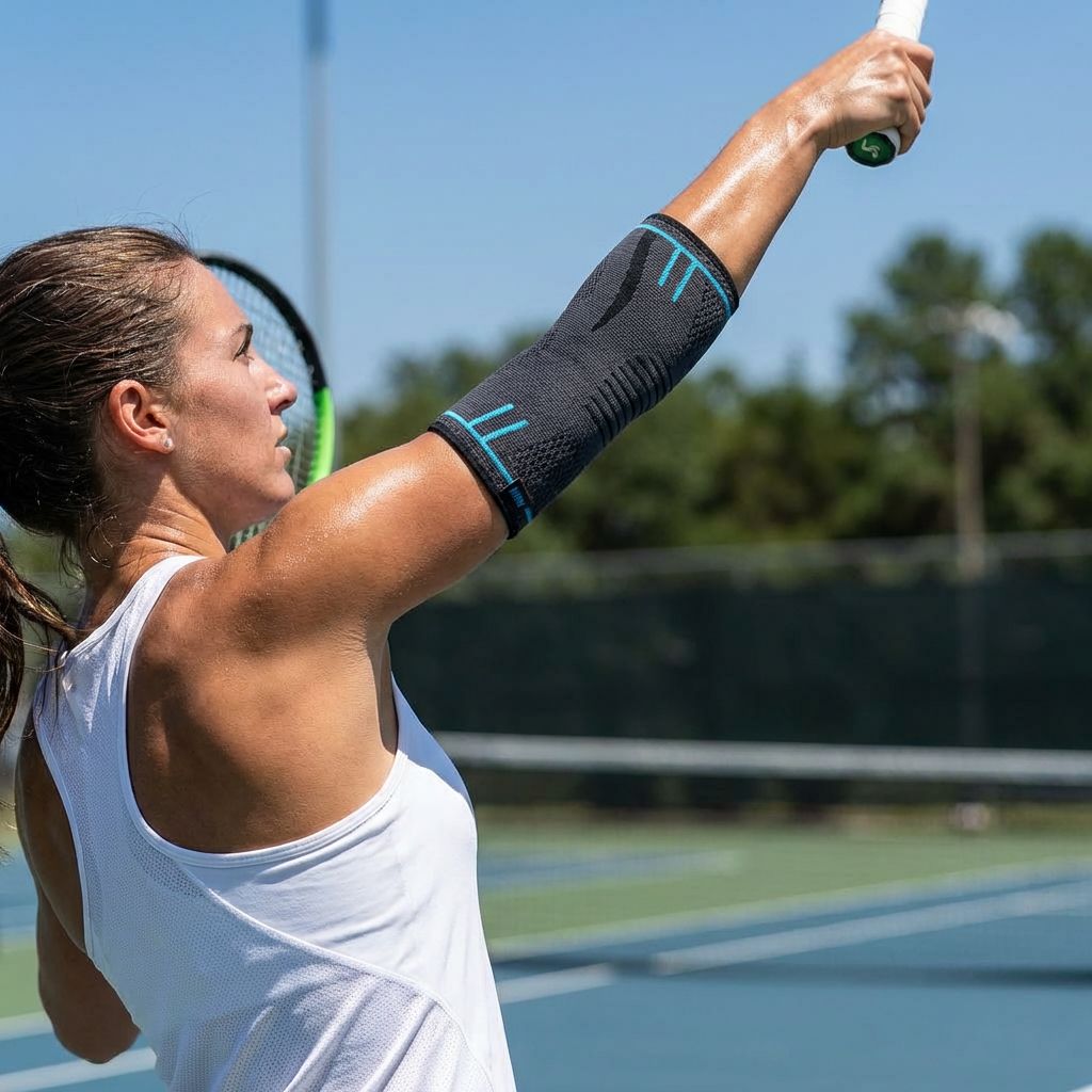 Una donna gioca a tennis. Indossa un tutore per il gomito nero.