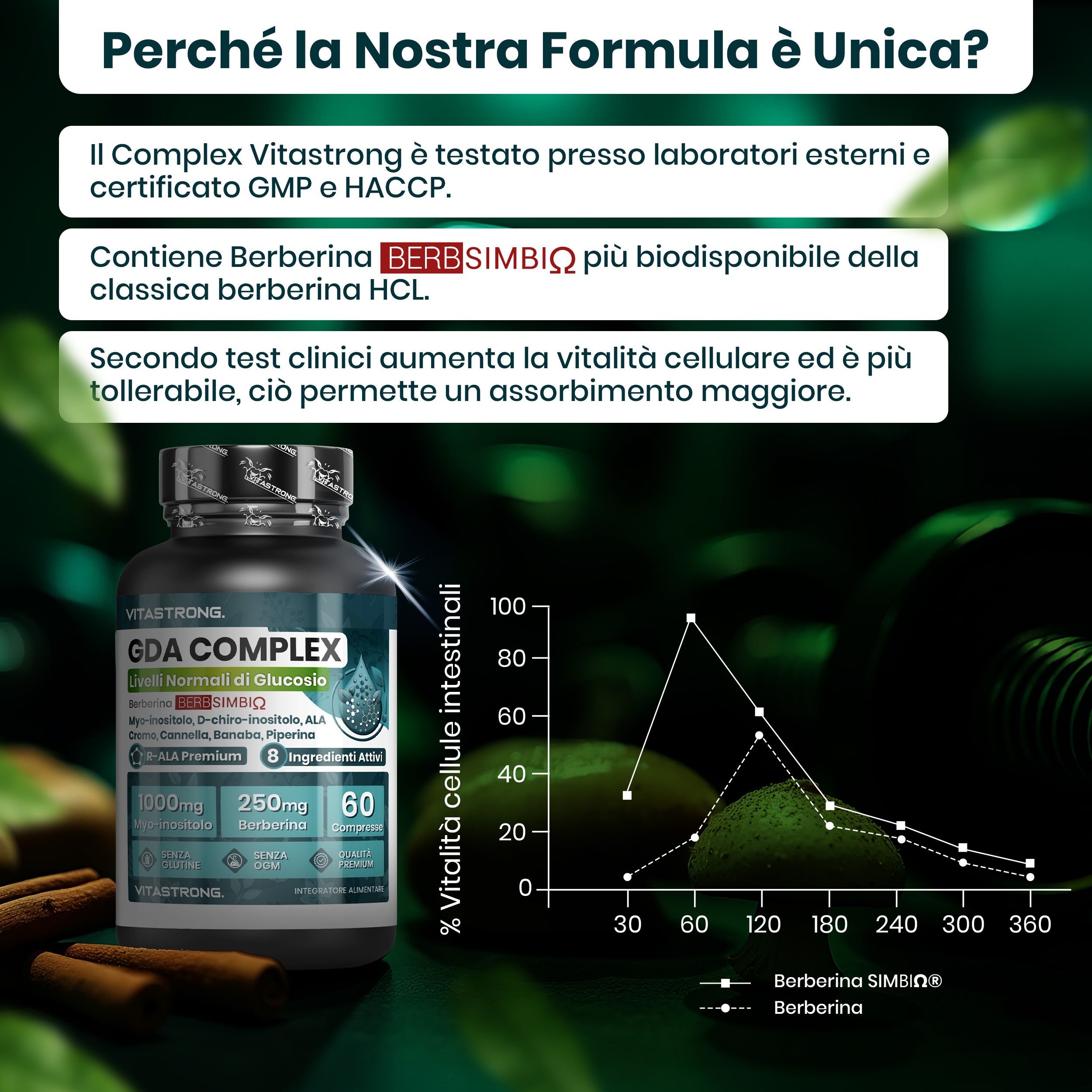 Vitastrong GDA Complex, 60 compresse. Confezione e grafico. Testo: Berberina, 60 compresse, senza glutine, senza OGM.